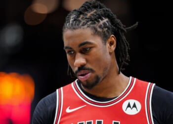 Jaden Ivey of the Chicago Bulls looks down during a game against the Brooklyn Nets at Barclays Center in New York City on Feb. 9, 2026.