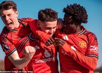 Chip off the old block! Super-sub Kai Rooney produces ice-cold finish for Man United U18s - and Sir Jim Ratcliffe watches on from the stands