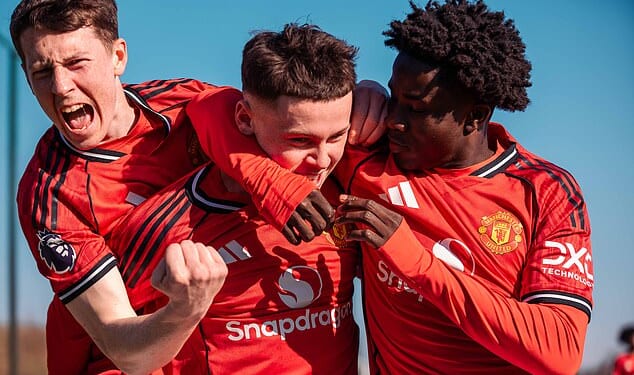 Chip off the old block! Super-sub Kai Rooney produces ice-cold finish for Man United U18s - and Sir Jim Ratcliffe watches on from the stands