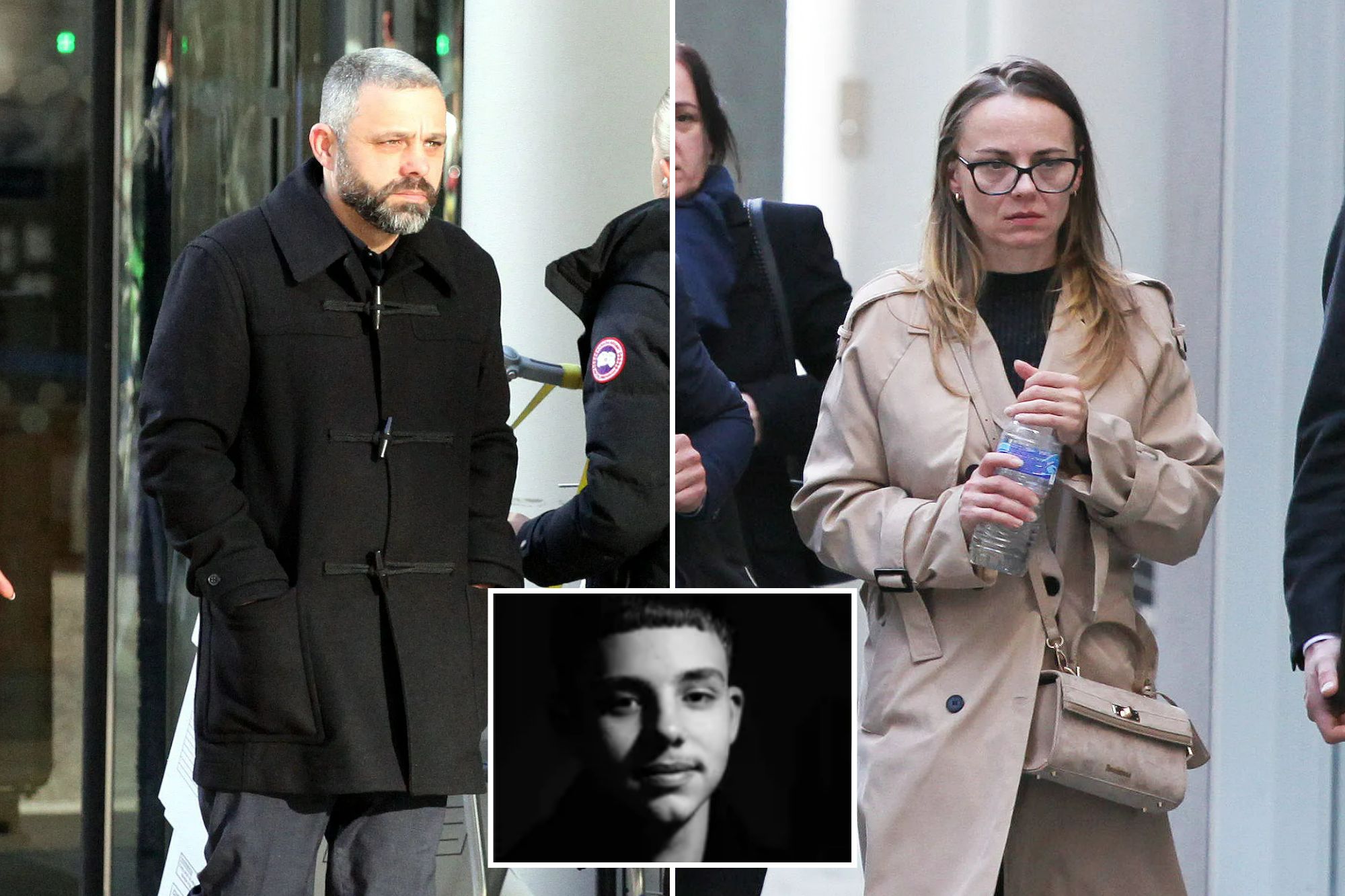 An image collage containing 3 images, Image 1 shows Stefan Barbus, a man with a beard, walking outside London's High Court, Image 2 shows Georgia Opritescu (right) outside London's High Court with her son Antonio Barbus (left), Image 3 shows Black and white portrait of a young man with a short haircut, light mustache, and shadows across his face