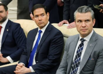 Vice President J.D. Vance, Secretary of State Marco Rubio, and Secretary of War Pete Hegseth look on during a bilateral meeting with President Donald Trump and German Chancellor Friedrich Merz in the Oval Office of the White House on March 3, 2026, in Washington, D.C.