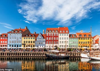 Day one of the bumper weekend trip began in Copenhagen. Pictured: the pretty, colourful houses at Nyhavn in the Danish capital