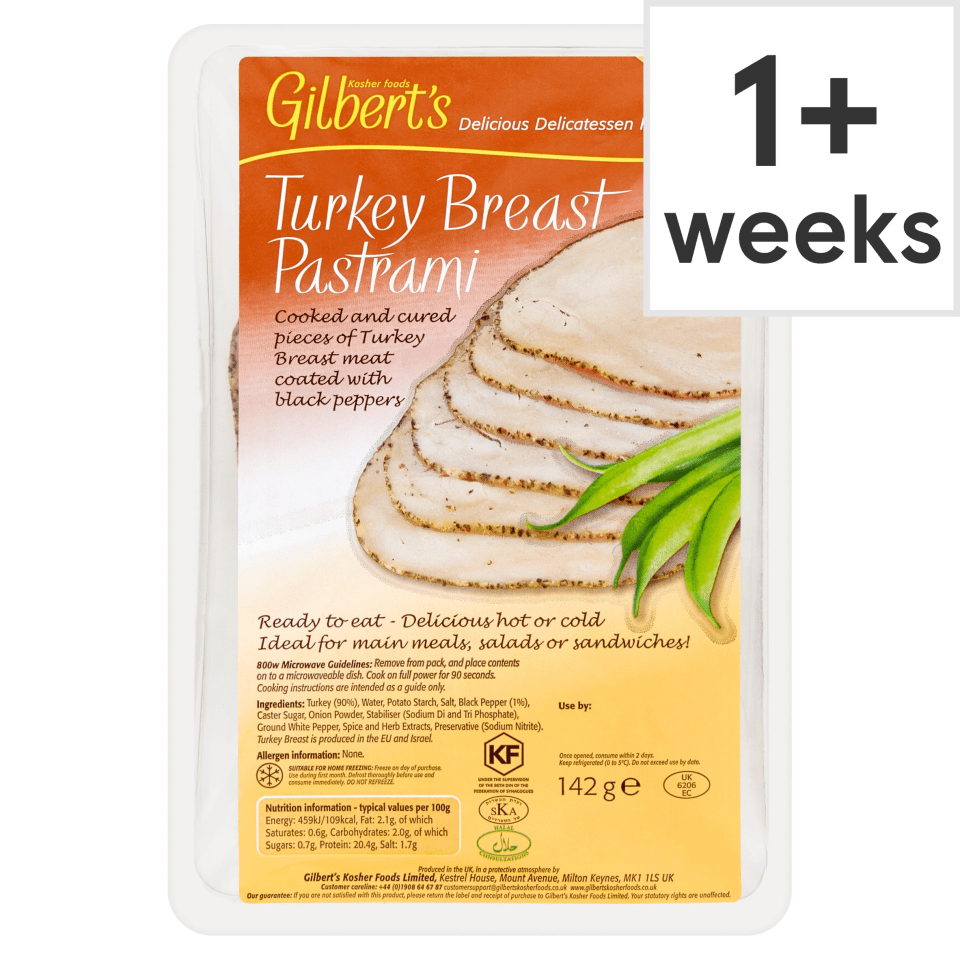 A package of Gilbert's Turkey Breast Pastrami, with "1+ weeks" highlighted.
