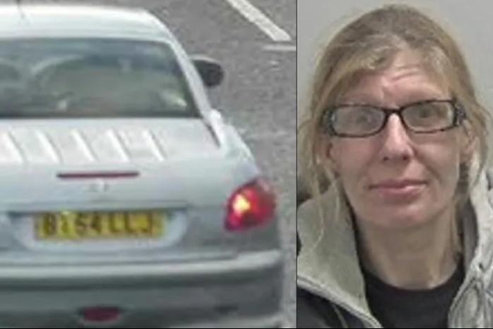 Collage of a silver Peugeot car with license plate "BT54 LLJ" and a woman wearing glasses.