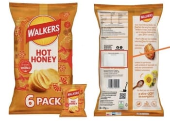 Walkers are recalling their Honey Hot Crisps 6 packs (pictured) off the shelves due to concerns that the crisps may contain Cheese and Onion seasoning - which can contain milk