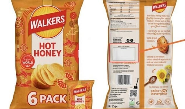 Walkers are recalling their Honey Hot Crisps 6 packs (pictured) off the shelves due to concerns that the crisps may contain Cheese and Onion seasoning - which can contain milk