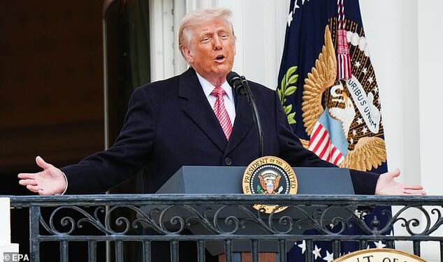 Pictured: Donald Trump speaks at an event celebrating farmers and Agriculture Day on the South Lawn of the White House on March 27, 2026