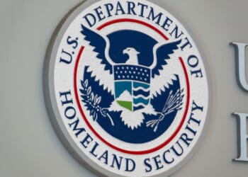 A U.S. Department of Homeland Security logo is displayed at the U.S. Customs and Border Patrol headquarters in Washington, D.C. on May 18, 2025.