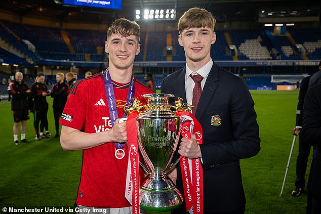 Jack Fletcher and Tyler Fletcher celebrate winning the U18 Premier League in 2024