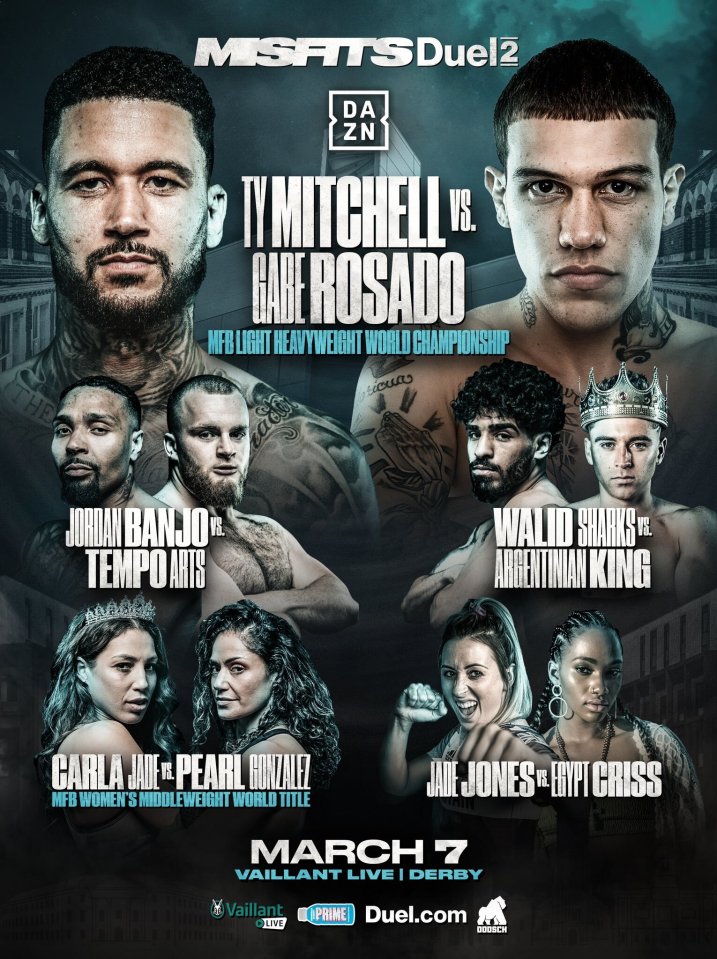 Poster for "Misfits Duel 2" boxing event featuring multiple fighter matchups, including Ty Mitchell vs. Gabe Rosado and Carla Jade vs. Pearl Gonzalez for world titles.