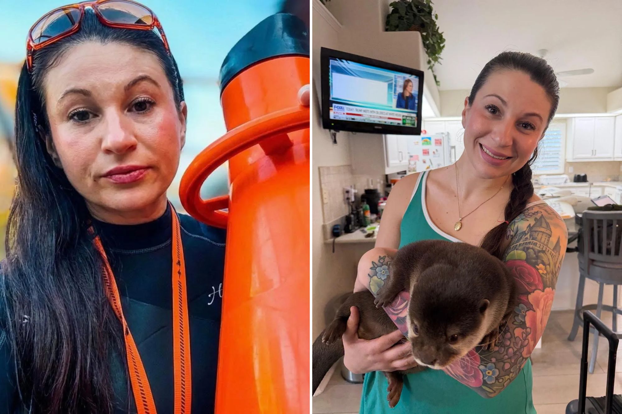 An image collage containing 2 images, Image 1 shows Hope Yates-McDonald, a grieving daughter, holds an orange water container, Image 2 shows Hope Yates-McDonald holds an otter