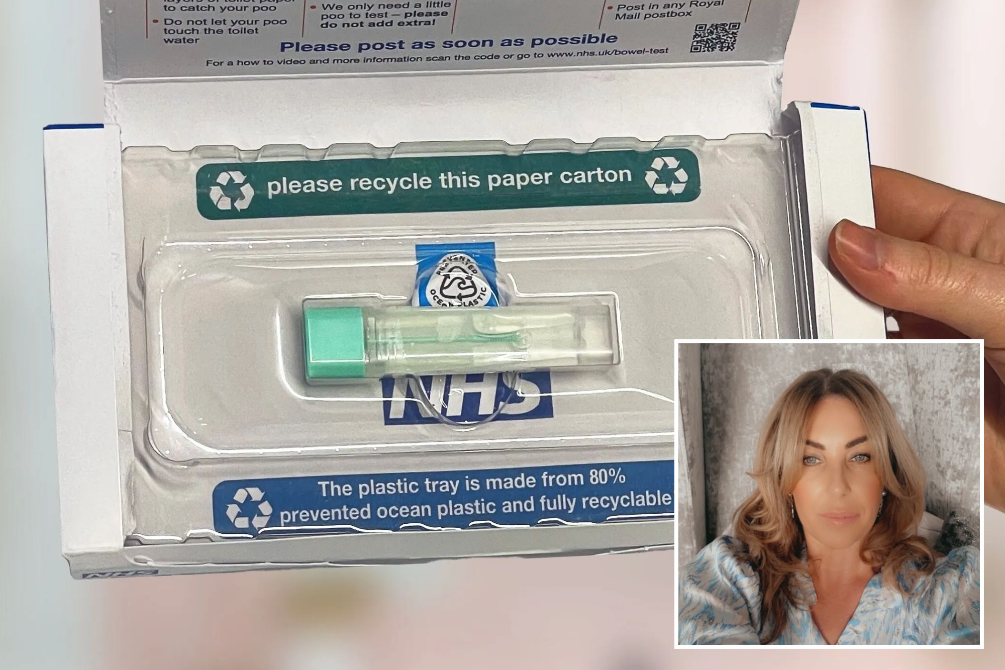 An image collage containing 2 images, Image 1 shows An NHS bowel cancer screening kit with instructions and a sample bottle, held by a hand, Image 2 shows Emma Baker, diagnosed with bowel cancer after receiving her first screening test
