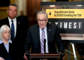 Senator Chuck Schumer and accompanying Senate Democrats speak to the press on March 24, 2026.