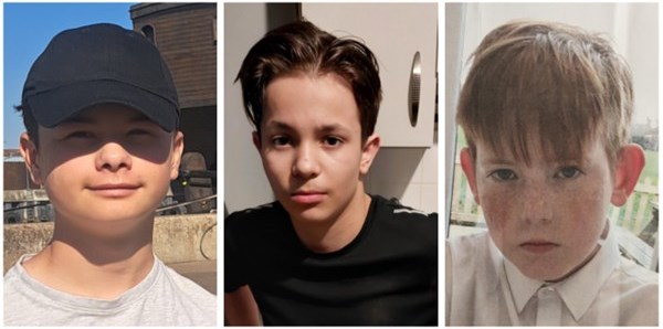 Collage of three boys: Isaac wearing a black cap, Liam in a black t-shirt, and Oliver with red hair and freckles.
