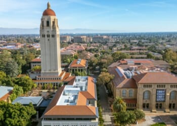 An aerial view of Stanford University in Palo Alto, Silicon Valley, California.