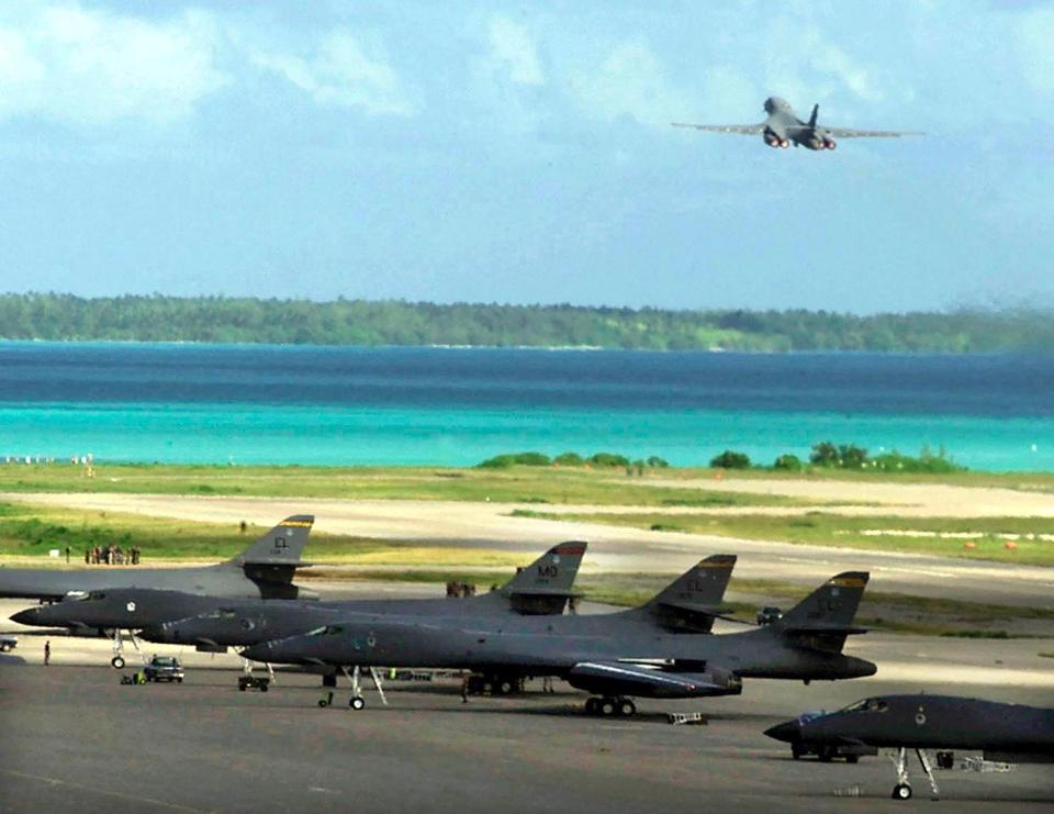 A US Air Force B-1B bomber taking off from Diego Garcia military base.