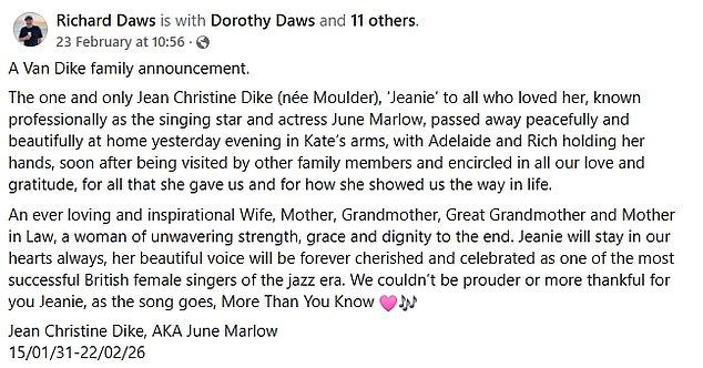 Jean's family announced her death last month with a post shared on the Facebook page of her late husband's The Van Dike Club