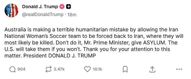 Donald Trump accuses Australia of 'terrible mistake' over Iran's female soccer stars seeking asylum after making SOS signals
