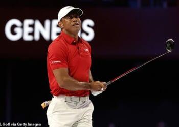 Woods of Jupiter Links Golf Club hits a tee shot during Match 2 of the TGL Finals against the LA Golf Club at SoFi Center. At the time, Woods was considering playing the Masters