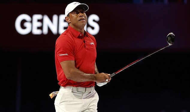 Woods of Jupiter Links Golf Club hits a tee shot during Match 2 of the TGL Finals against the LA Golf Club at SoFi Center. At the time, Woods was considering playing the Masters
