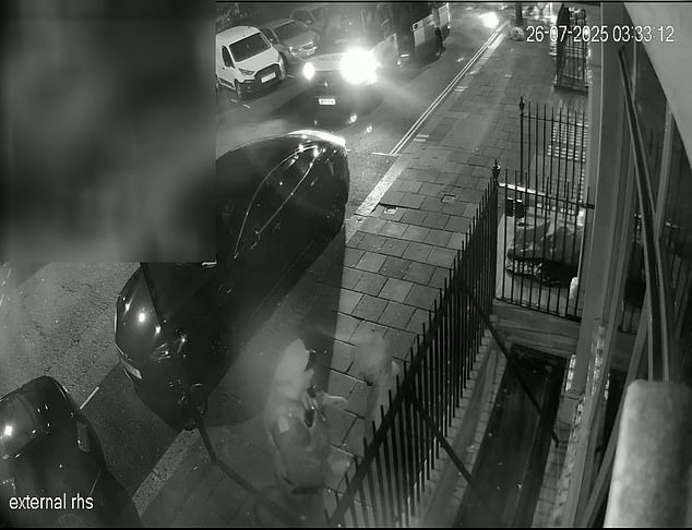 In the clip two police officers are seen jumping out of a van and chase after Adam, while Khowjsly tries to discreetly walk away. But he is pushed up against a railing and arrested