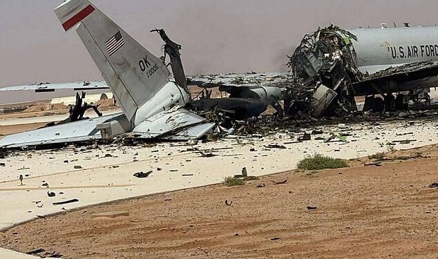 An image appears to show a US Air Force E-3G Sentry aircraft sitting in ruins at Prince Sultan Air Base in Saudi Arabia after an Iranian missile and drone strike