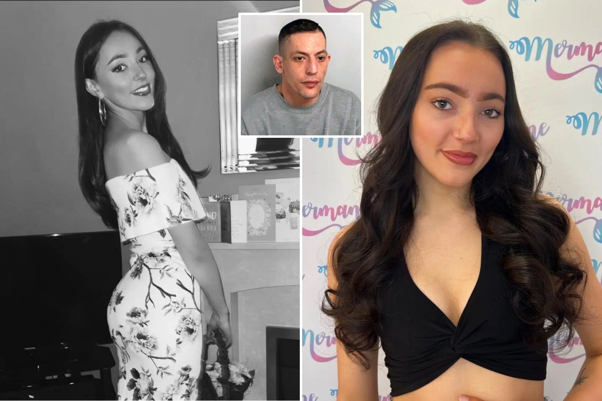 An image collage containing 3 images, Image 1 shows Jess Waterman smiling, Image 2 shows Jess Waterman with long dark curly hair, a nose ring, and a black top, against a background of the "Mermane" logo, Image 3 shows Nathan Towers, 33, in a mugshot photo