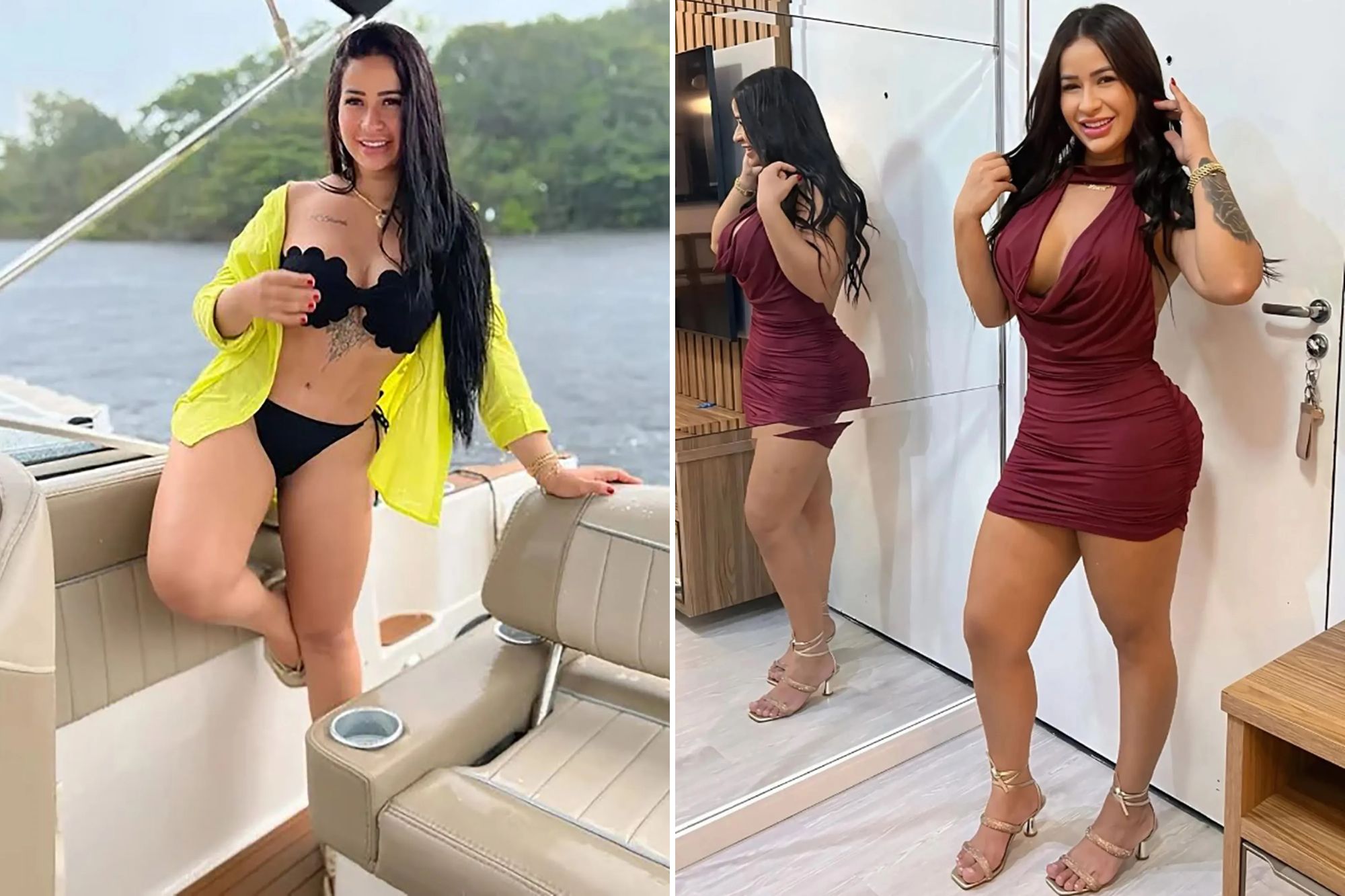An image collage containing 2 images, Image 1 shows Mirian Monica da Silva Viana in a black bikini and yellow cover-up on a boat, Image 2 shows Mirian Monica da Silva Viana in an undated photo, wearing a maroon dress and gold heels, arrested for drug trafficking and money laundering