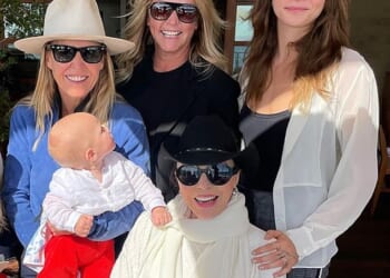Home on the ranch: Alice (centre), Ann (left) and Cara Delevingne with Joan Collins in front