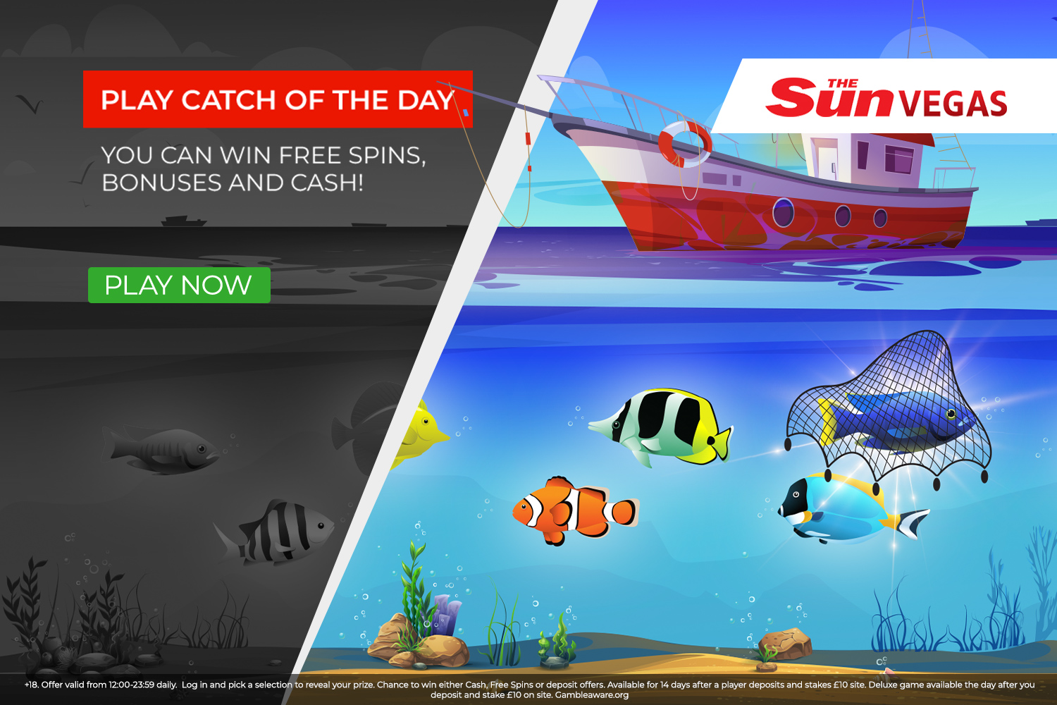 Illustration advertising "Catch of the Day" game with a boat, fish, and The Sun Vegas logo.