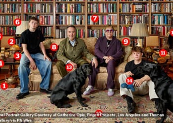 Sir Elton John has offered a rare glimpse into his family's home in a new portrait (pictured) that has been unveiled at London's National Portrait Gallery. Pictured one to 14: a copper teapot, a desk globe, a £152 diffuser, a TV award, vintage chairs, stylish lamps and floor-to-ceiling bookshelves, a Gucci cushion, a statement sofa, a patterned rug, a colourful vase, a standing Buddha sculpture, a Cartier love bracelet and a Pets at Home dog toy