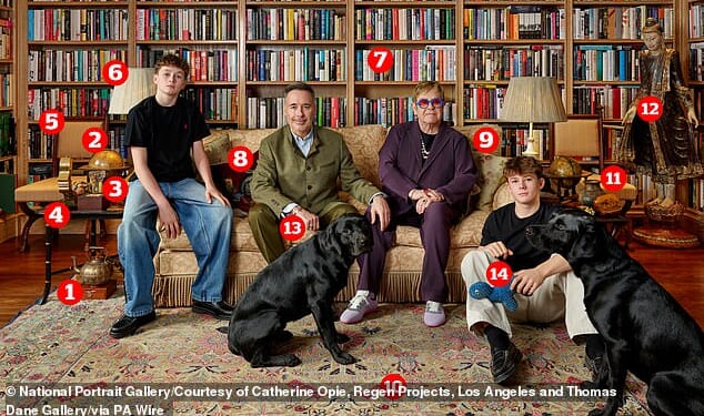Sir Elton John has offered a rare glimpse into his family's home in a new portrait (pictured) that has been unveiled at London's National Portrait Gallery. Pictured one to 14: a copper teapot, a desk globe, a £152 diffuser, a TV award, vintage chairs, stylish lamps and floor-to-ceiling bookshelves, a Gucci cushion, a statement sofa, a patterned rug, a colourful vase, a standing Buddha sculpture, a Cartier love bracelet and a Pets at Home dog toy