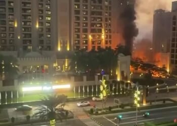 As many as 70 Britons have been locked up in the United Arab Emirates for taking photos and videos of drone and missile attacks, The Mail on Sunday can reveal. Pictured: The Palm Jumeirah Fairmont hotel after it was hit by a Shahed suicide drone on February 28, 2026