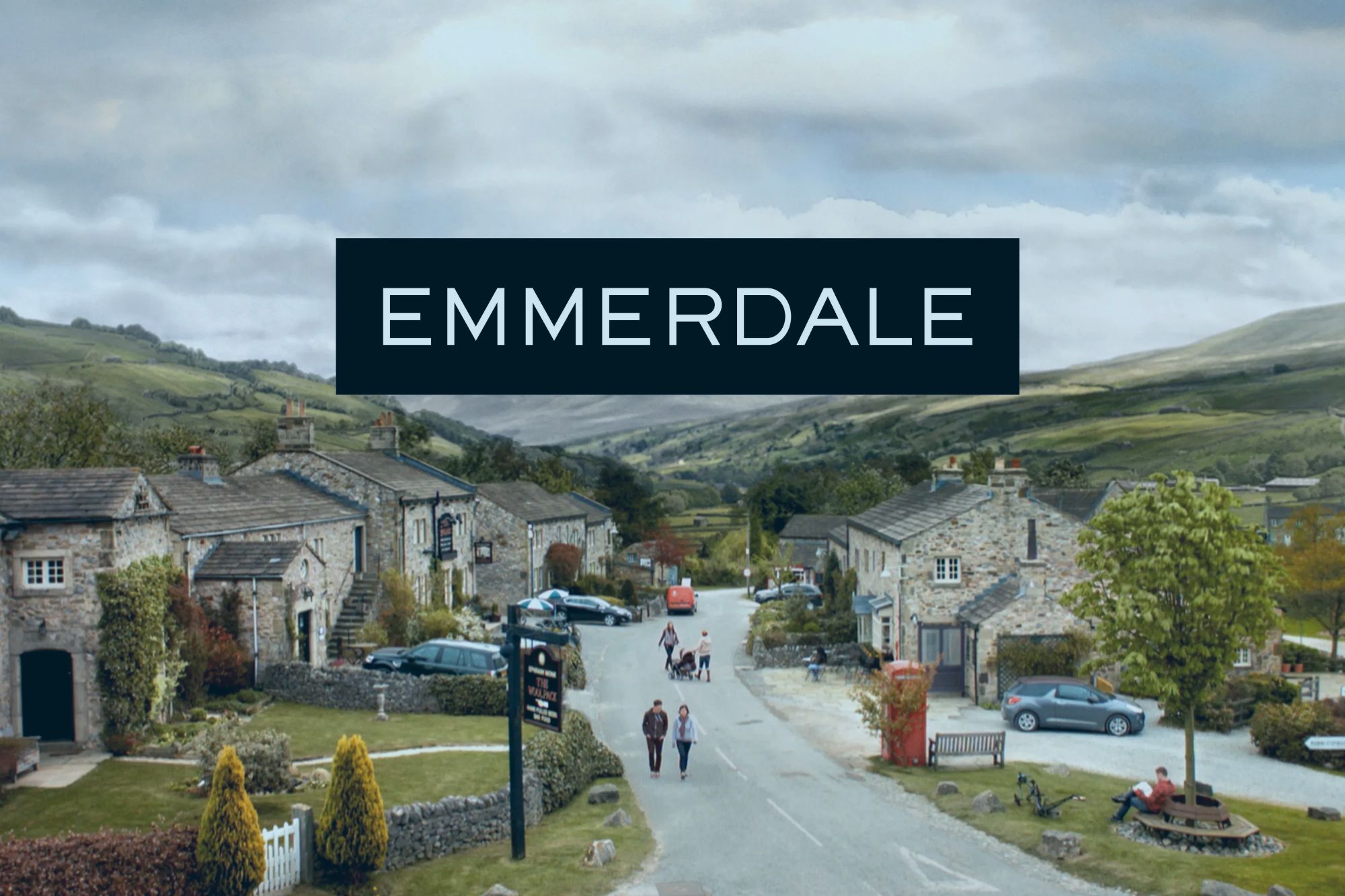An image collage containing 1 images, Image 1 shows A village road with stone houses, green hills, and people, with the word "EMMERDALE" in white on a black banner across the top