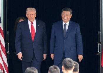 America is in this fight because of China (pictured: President Donald Trump with Chinese president Xi Jinping in October 2025)