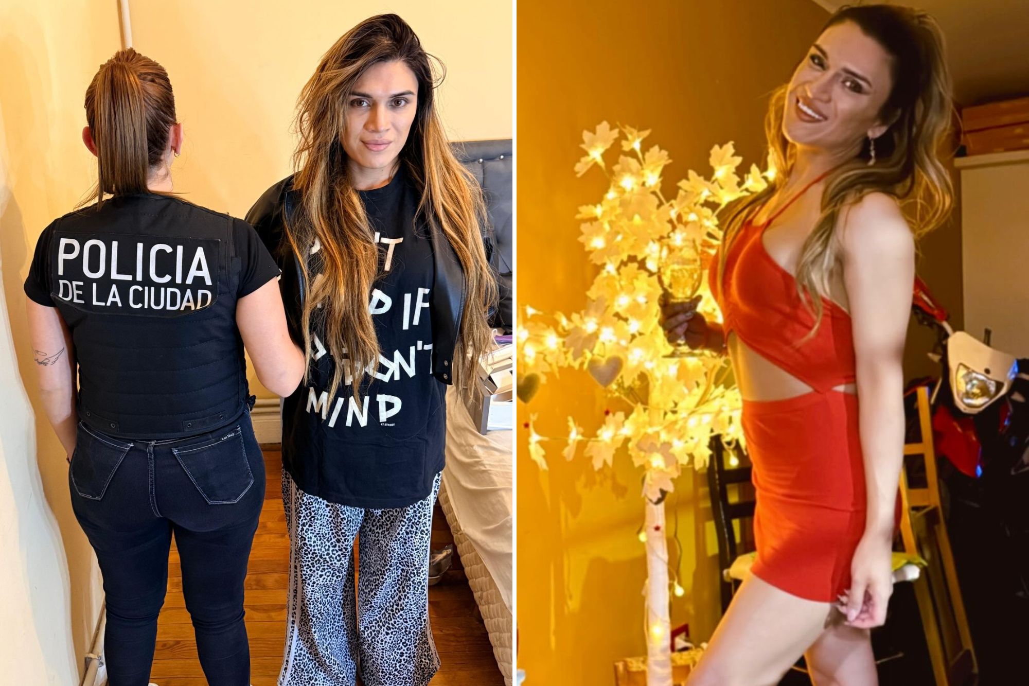 An image collage containing 2 images, Image 1 shows Luciana Martínez standing next to a police officer, with the officer's back to the camera, Image 2 shows Luciana Martinez in a red dress with a glass of champagne