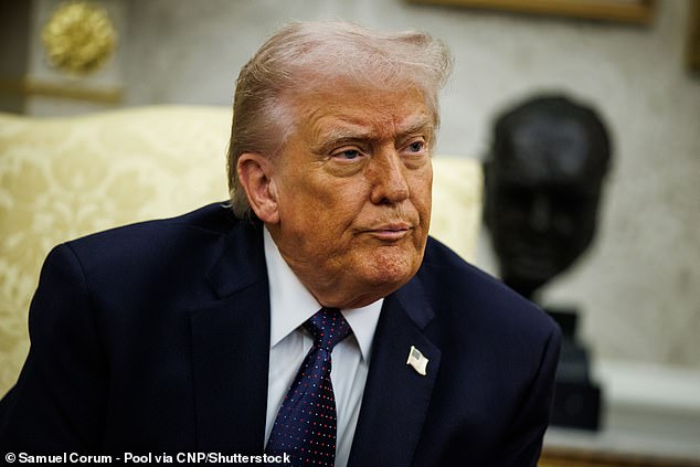 Trump (pictured in the White House Thursday) just moments earlier announced on Truth Social that he was nominating Senator Markwayne Mullin to replace Noem