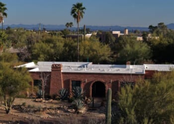 In an aerial view, the home of Nancy Guthrie is shown on March 2, 2026, in Tucson, Arizona.