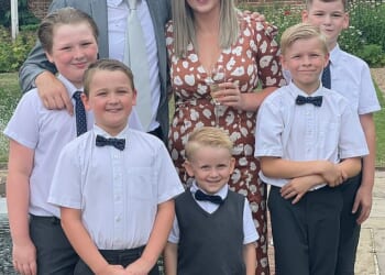 Jorjah Beagley (with her partner Shane White), 33, from Blackwater, Hampshire, had only been at home for 20 minutes after watching him run a half-marathon when the blaze began. Pictured: L-R Children Jack, Josh, Oliver, Finley and Dillain