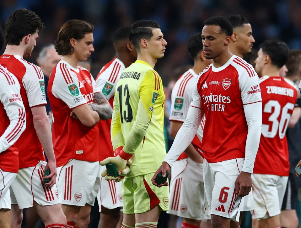 Arsenal's Kepa Arrizabalaga and teammates look dejected after losing the Carabao Cup Final.