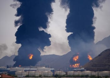 Plumes of smoke and fire rise after debris from an intercepted Iranian drone struck an oil facility in Fujairah, United Arab Emirates last week