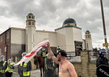 Protestors outside a mosque in Sunderland during nationwide disorder in the wake of the Southport stabbings in summer 2024