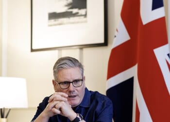 Prime Minister Sir Keir Starmer pictured holding a series of calls with international leaders in his office in 10 Downing Street yesterday