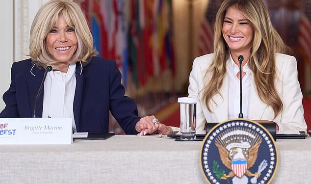 Pictured: France's first lady Brigitte Macron with U.S. first lady Melania Trump during the 'Fostering the Future Together Global Coalition Summit'