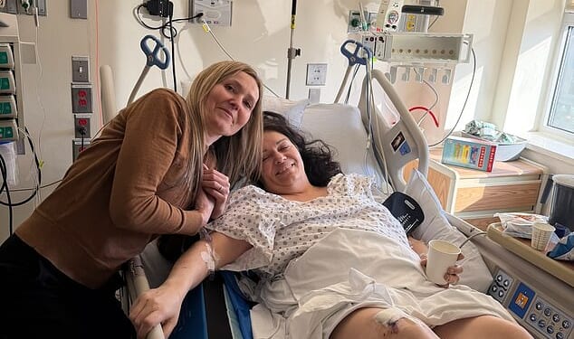 Air Canada flight attendant Solange Tremblay is seen with her daughter Sarah Lépine in her hospital bed in New York City. Both her legs are shattered, her spine is fractured and she will require multiple surgeries to treat her injuries