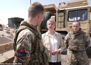Foreign Secretary Yvette Cooper during a visit to a British military base near Riyadh, Saudi Arabia on March 13, 2026