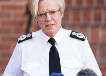 Former Nottinghamshire Police Chief Constable Kate Meynell pictured speaking to the media outside Central Police Station in Nottingham shortly after the triple killings