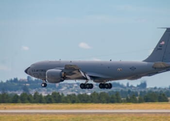 A U.S. Air Force Boeing KC-135 aerial refueling aircraft landing at the airport in Spokane, Washington, on June 23, 2024.