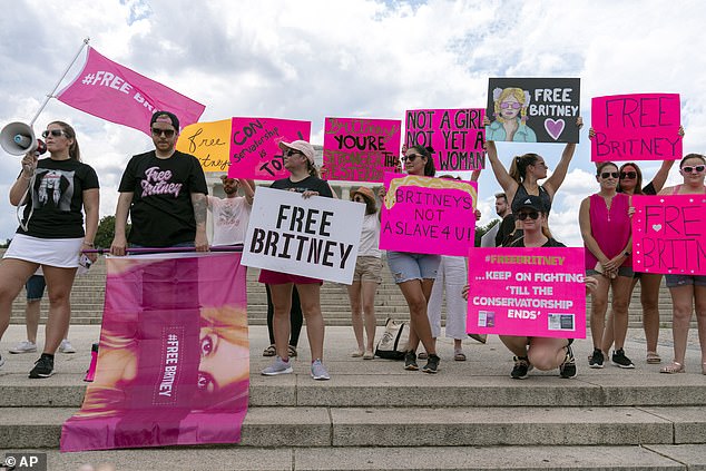 The #FreeBritney advocate claimed that roughly 50 percent of the team also regretted the campaign they staged to end the singer's conservatorship (pictured: Free Britney campaigners in 2021)
