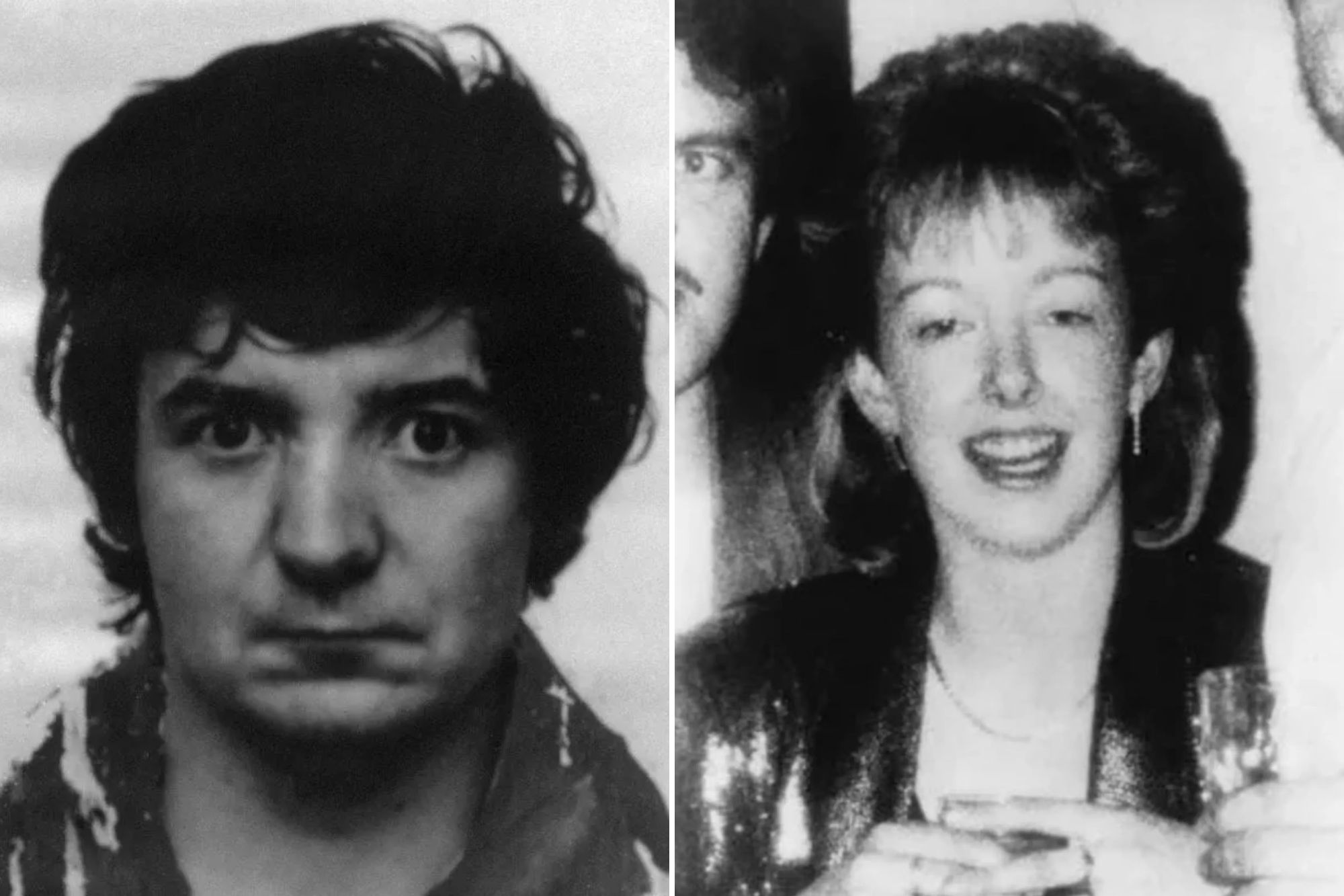 An image collage containing 2 images, Image 1 shows Black and white photo of Peter Sullivan, a man with dark hair looking directly at the camera, Image 2 shows Black and white photo of a smiling Diane Sindall in a sequined jacket with hands clasped
